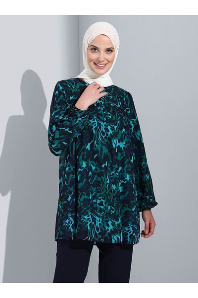 Refka Lined Sleeve Elastic Patterned Chiffon Tunic - Green Navy Blue Leopard Pattern - Refka Woman