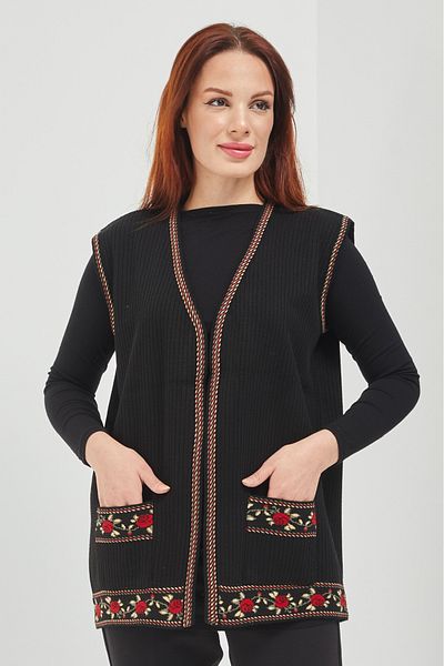 1demet Tricotaj de mama Vestă scurtă de buzunar cu motiv trandafir negru