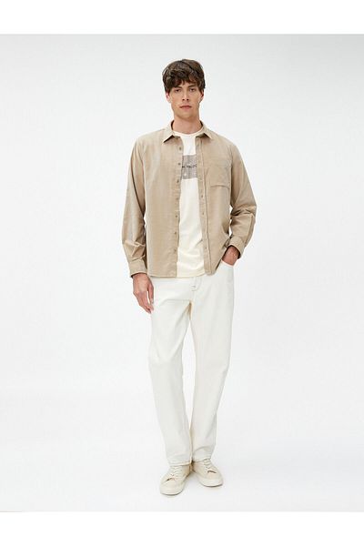 Koton Ribbed Shirt Buttoned Classic Collar with Pocket Detail