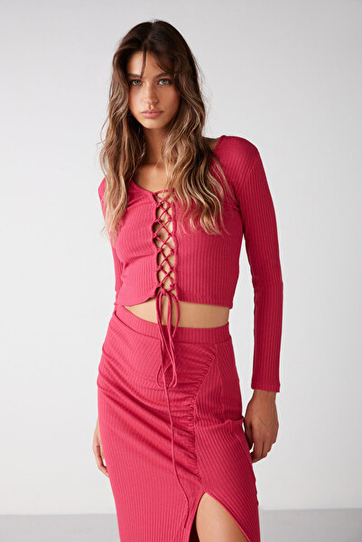 ETHIQUET Agneska Women's Knitwear Look Flexible Fabric Cross Tie V-Neck Long Sleeve Crop Fuchsia Blouse