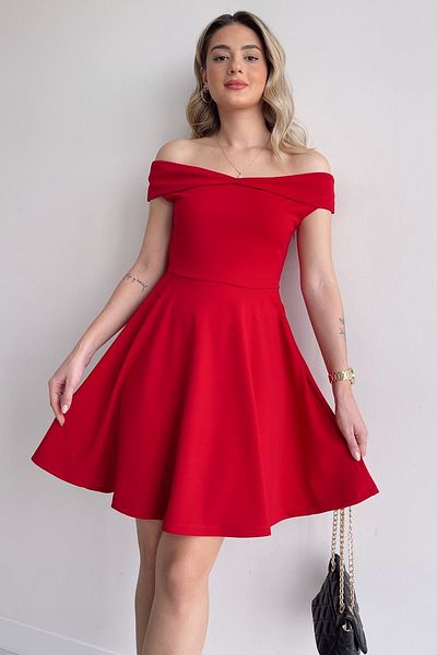 WOMAN VISION Rochie roșie pentru femei, cu design flexibil, guler Madonna, rochie roșie 079