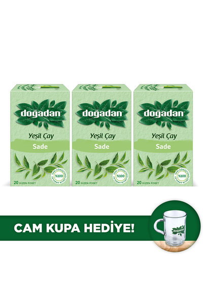 Doğadan شاي أخضر عادي 20 قطعة × 3 قطع + كوب زجاجي من الطبيعة هدية