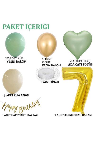 Patladı Gitti Sage Concept 7 Year Old Birthday Set ; Mold Green-chrome Gold- Sea Sand And Sage Heart Foil Balloon