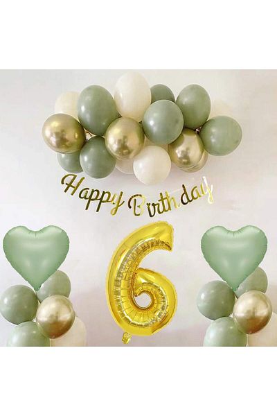 Patladı Gitti Sage Concept 6 Year Old Birthday Set ; Mold Green-chrome Gold- Sea Sand And Sage Heart Foil Balloon