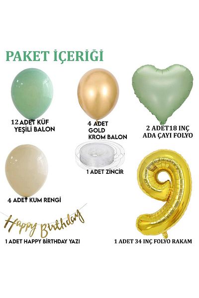 Patladı Gitti Sage Concept 9 Year Old Birthday Set ; Mold Green-chrome Gold- Sea Sand And Sage Heart Foil Balloon