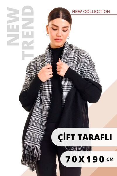 Multi Brand شال كتف صوفي أسود منقوش على الوجهين مقاس 70 × 190 سم وشاح شتوي قا...