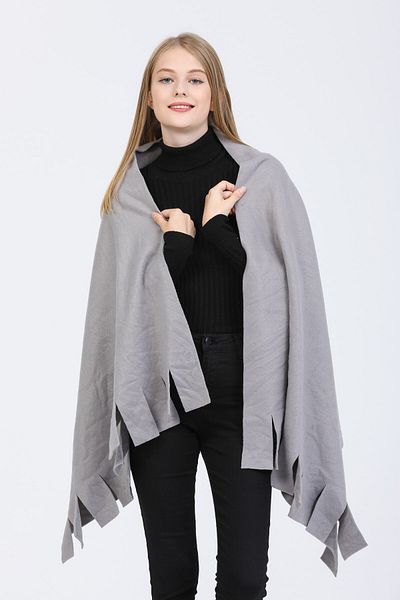 Deafox Light Gray Tassel Detail Fleece Shawl