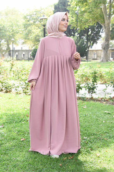 Tek Tesettür Giyim Tesettür Elbise / Ferace Pileli Fermuarlı Kloş Pudra Pembe...