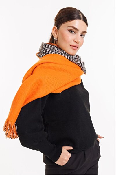 Multi Brand 70x190cm Δέσιμο χειμωνιάτικο γυναικείο σάλι - διπλής όψης, πορτοκαλί καρό, μάλλινο σάλι ώμου