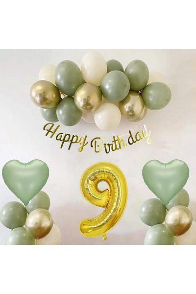 Patladı Gitti Sage Concept 9 Year Old Birthday Set ; Mold Green-chrome Gold- Sea Sand And Sage Heart Foil Balloon