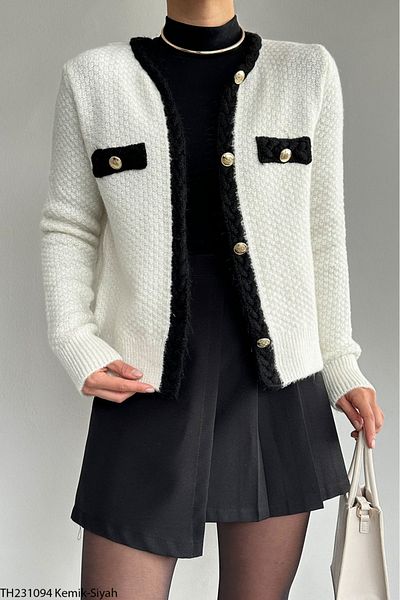 Lupies Women's Cream-black Braided Button Detailed Knitwear Cardigan