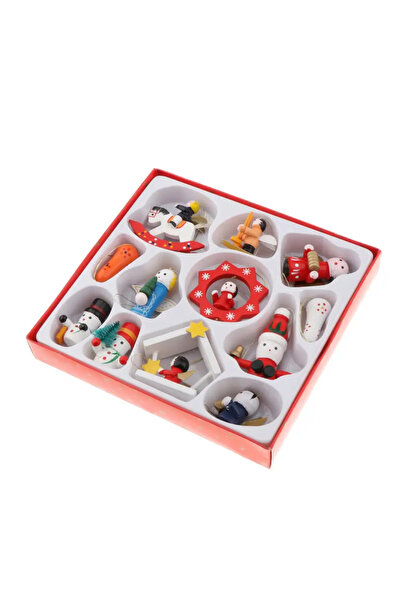 Genel Markalar 12 Parça Ahşap Noel Baba Figürleri, Kırmızı, 8/10 Cm, Dekorati...