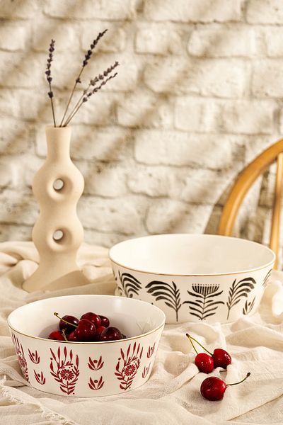 Emsan Artisan New Bone 2-Piece Bowl Set Claret Red Black