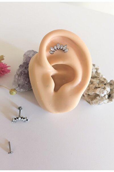 Bylin %100 G23 Titanyum Taç Zirkon Taşlı Kıkırdak Piercing / Labret Piercing- Bar Uzunluğu 8 mm- 1 adet
