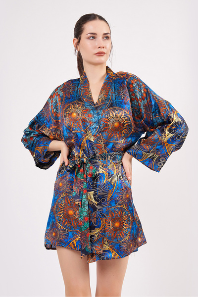 Nomads Felt Saf İpek Kısa Kimono Kaftan | Mandala Desen 1 Mavi | Nomads Felt