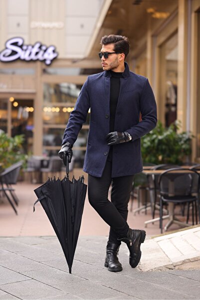 ukdwear معطف رجالي ذو قصة ضيقة باللون الأزرق الداكن وياقة واقفة