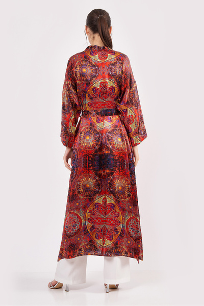 Nomads Felt %100 İpek Kimono Kaftan | Kırmızı Mandala Desen | Nomads Felt