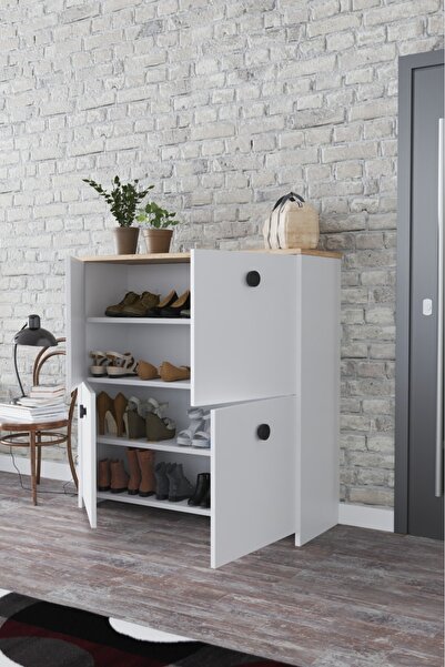 KZY 4 Kapak 4 Raflı Ayakkabılık Meşe Beyaz