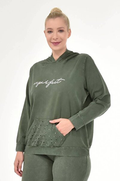 Mia Butik سويت شيرت نسائي بغطاء للرأس مقاس كبير باللون الكاكي الإيطالي