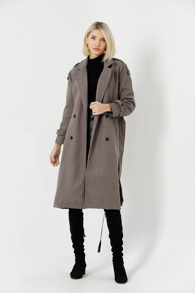 STİLPİX Жіночий сірий підкладковий пальто з подвійним коміром | Women's Gray Lined Double Breasted Collar Coat