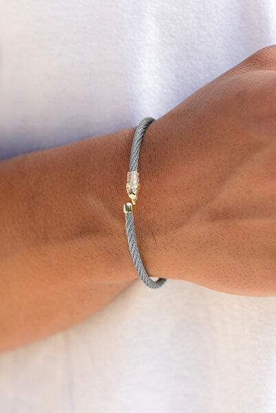 Uşaklıhafız 1945 14 Ayar Altın Gri Çelik Kurt Charm Erkek Bileklik