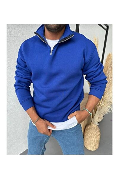 MYDARKSTYLE Erkek 2 İplik Polo Yaka Yarım Fermuarlı Dik Yaka Polarlı Sweatshirt