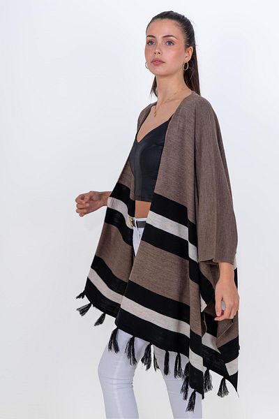 CHUBA Γυναικείες φούντες Colorblock Πλεκτά Poncho Shawl Brown 24W123