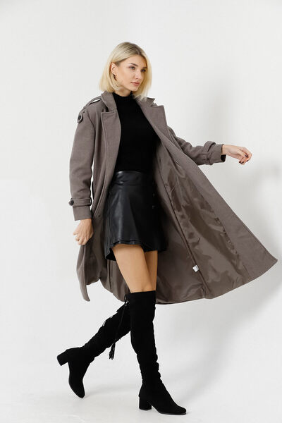 STİLPİX Жіночий сірий підкладковий пальто з подвійним коміром | Women's Gray Lined Double Breasted Collar Coat