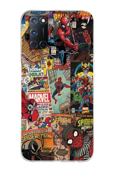 Magic Ring Oppo A52/A72/A92 Uyumlu Spiderman Kolaj Desenli Şeffaf Telefon Kılıfı