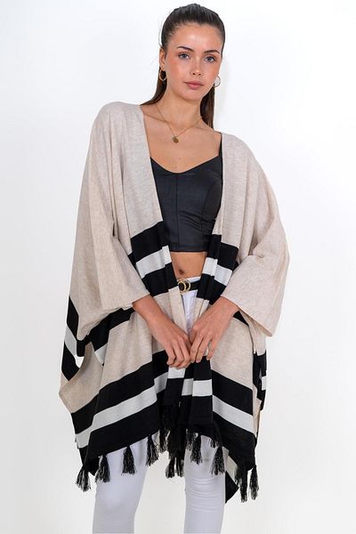 CHUBA Γυναικεία φούντα Color Block Πλεκτά Poncho Shawl Beige 24W123