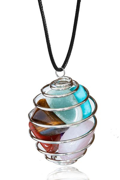 Tesbih Atölyesi 7 Chakra Certified Wire Wrapped Necklace - Tiger Eye - Quartz - Jasper - Turquoise - Howlite - Aventurine