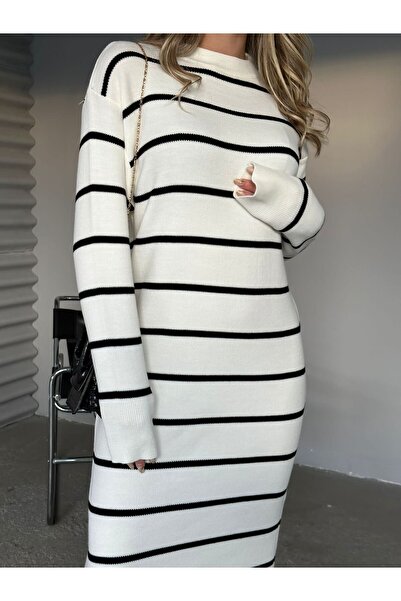 ZF BUTİK White Striped Long Sleeve Knitwear Women's Dress