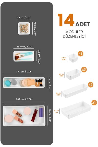 Meleni Home 14 Piece Modular Drawer Organizer, Bathroom Makeup and Jewelry Organizer - Office Desktop Organizer