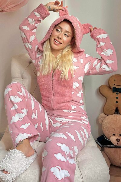 Pijamaevi Damen-Pyjama-Set aus Fleece-Plüsch-Jumpsuit mit Wolkenmuster