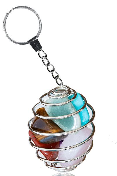 Tesbih Atölyesi Certified Wire Wrapped 7 Chakra Natural Stone Keychain - Tiger Eye Quartz Jasper Turquoise Howlit Avent
