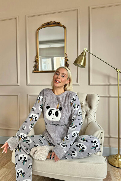 Pijamaevi Kadın Gri Life Panda Desenli Peluş Pijama Takımı