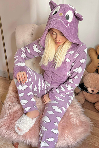 Pijamaevi Set de pijamale din pluș din fleece pentru femei cu model Purple Cloud