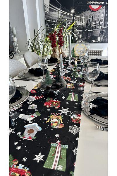Decamor home Anul Nou Tematic Black Long Runner Masa de Anul Nou Runner de Anul Nou