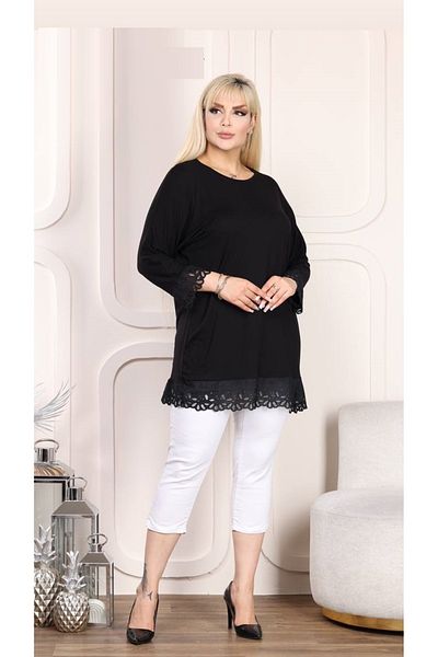 Butik Nilyam Women's Large Size Visto Detail Bat Sleeve Lycra Tunic 21051 Black