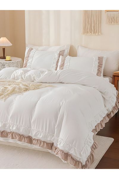 METİNEV Battal size ruffle beige white cotton satin bedding set