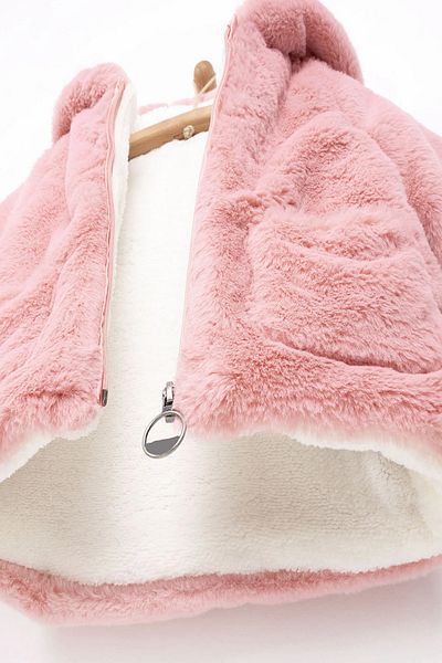 PODİUM GİYİM Trend Special Series Furry Cute Baby Fur Lined 100% Cotton Pocket Hooded Winter Coat-Pink