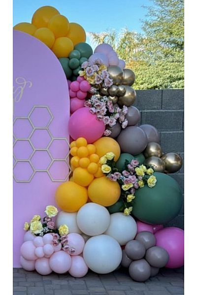 Çemrek Süs Parti Mustard green pink fuchsia balloon chain set 100 pieces of balloons and chain