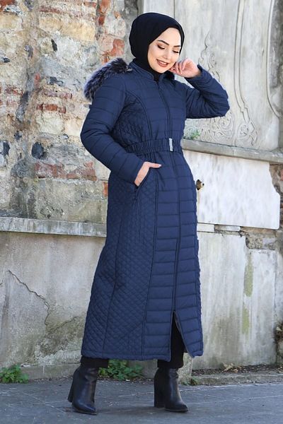 Aşkı Endam Plus Size Ilgaz Hooded Quilted Coat - Navy Blue