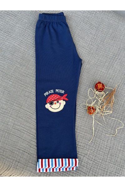 TD Collection Korsan Peter Nakışlı Paçası Çizgili Lacivert Renk %100 Pamuklu Örme Erkek Çocuk / Bebek Pantolon