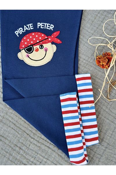 TD Collection Pirate Peter Embroidered Leg Striped Navy Color 100% Cotton Knitted Boy / Baby Trousers