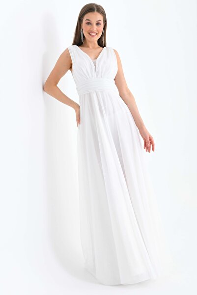 vuvutasarım Błyszcząca srebrzysta tkanina, gruby pasek, dekolt w kształcie litery V, krój księżniczki, długość maxi, biała suknia wieczorowa 9223