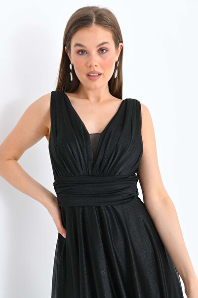 lovebox Βραδινό φόρεμα 9223 με φόδρα, γυαλιστερό, ύφασμα Lurex, φαρδύ κόψιμο, μάξι με χοντρό λουράκι, μήκους μαύρο σε συνθετικό μέγεθος