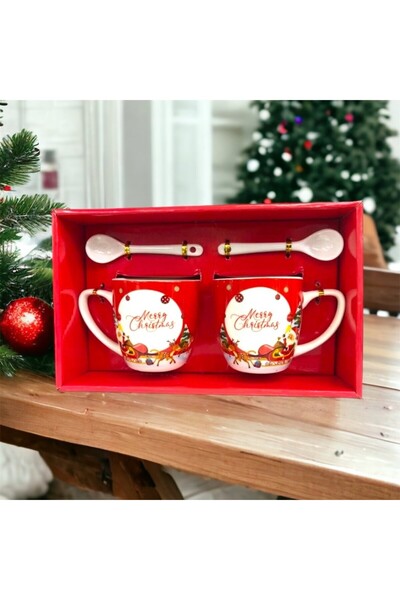 Se Promo 2'li Seramik Noel Baba Kaşıklı Yılbaşı Kupa Bardak-Fincan Seti