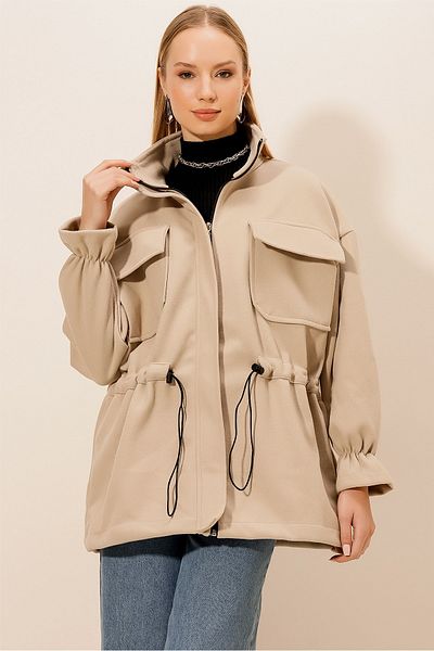 HAKKE Zippered Elastic Waist Stitched COAT