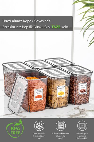 Meleni Home 6-Piece Mega 3.5 Liter Pulses Container - Labeled Lena Jar Food Storage Container
